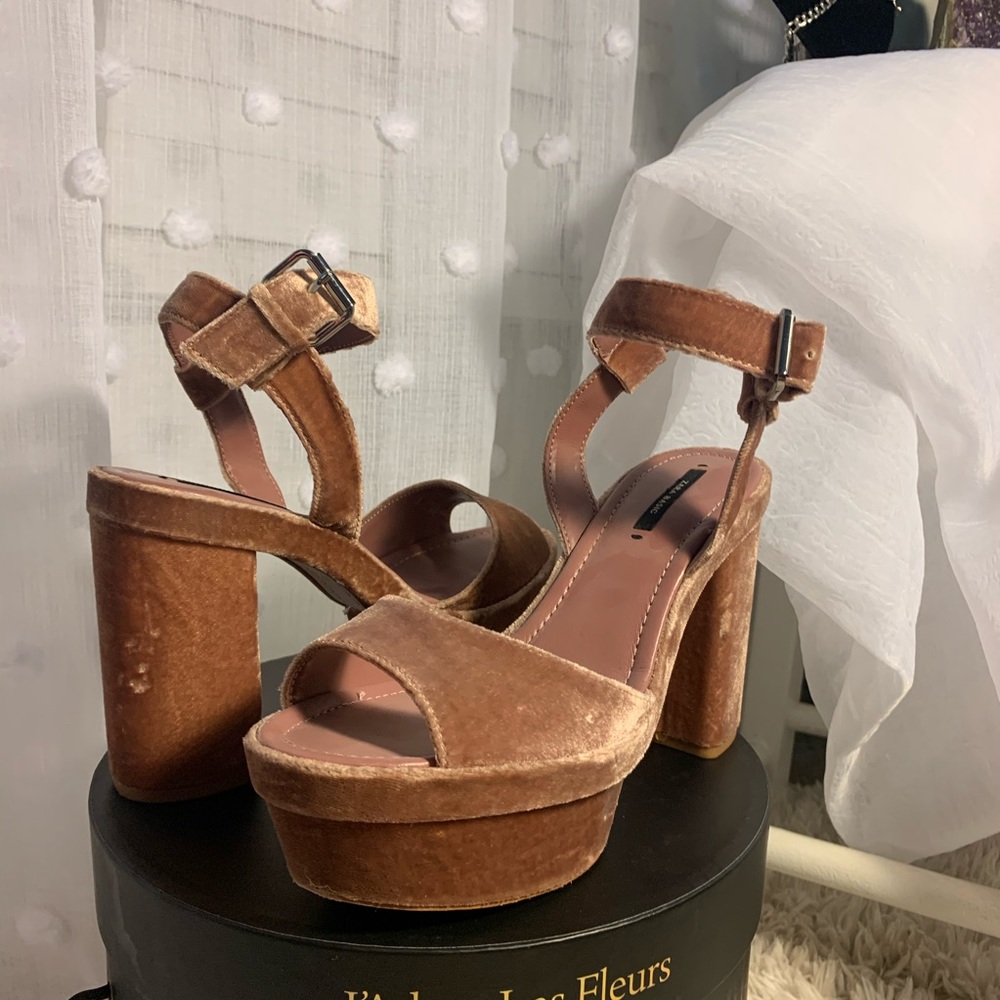 Salmon pink velvet platform heels